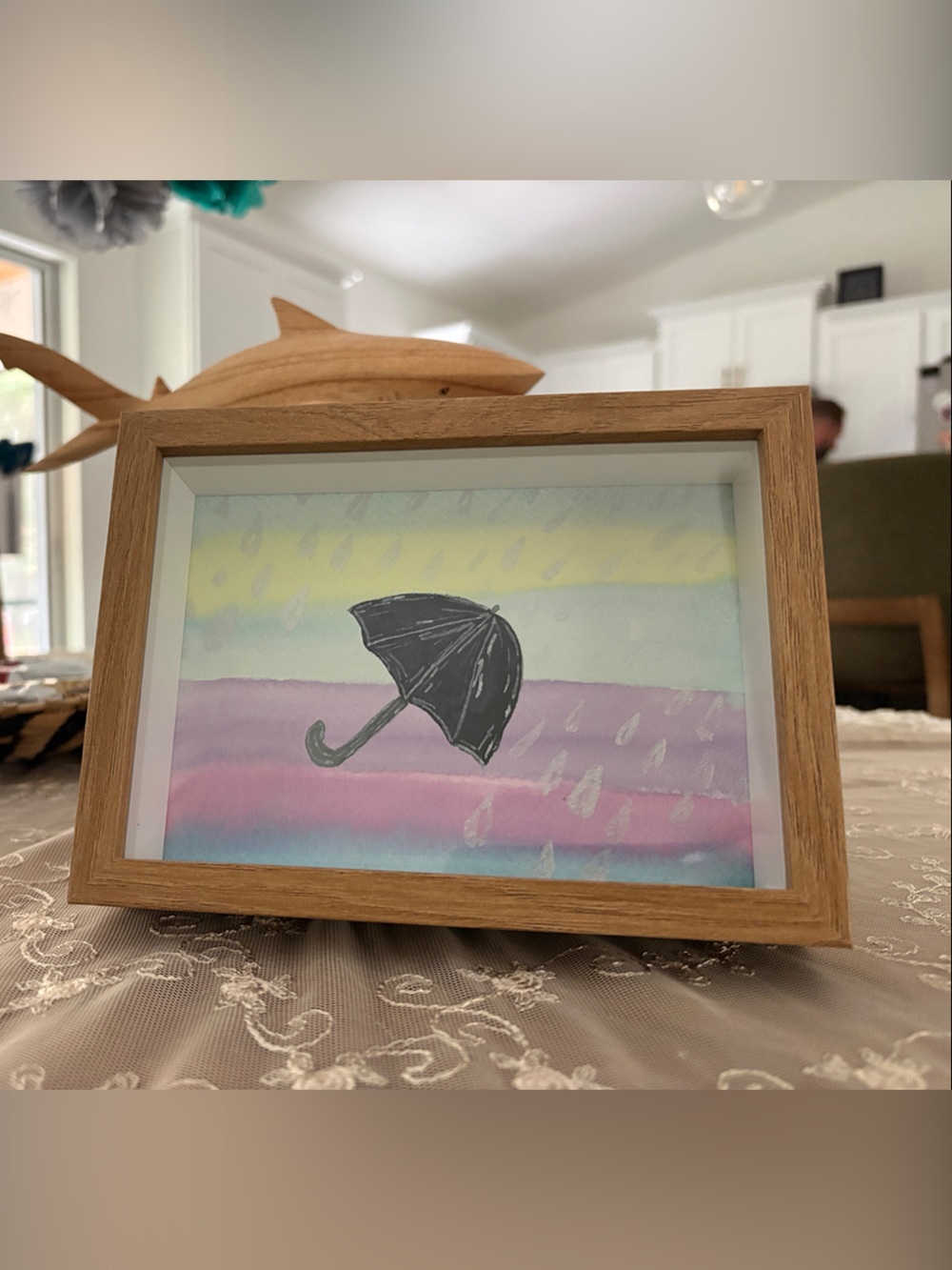 Framed Black Umbrella Watercolor hand painted Art